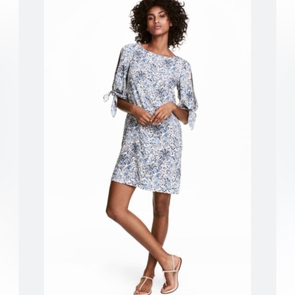 H&M Blue Floral Paisley Chemise Dress Open Shoulder 6